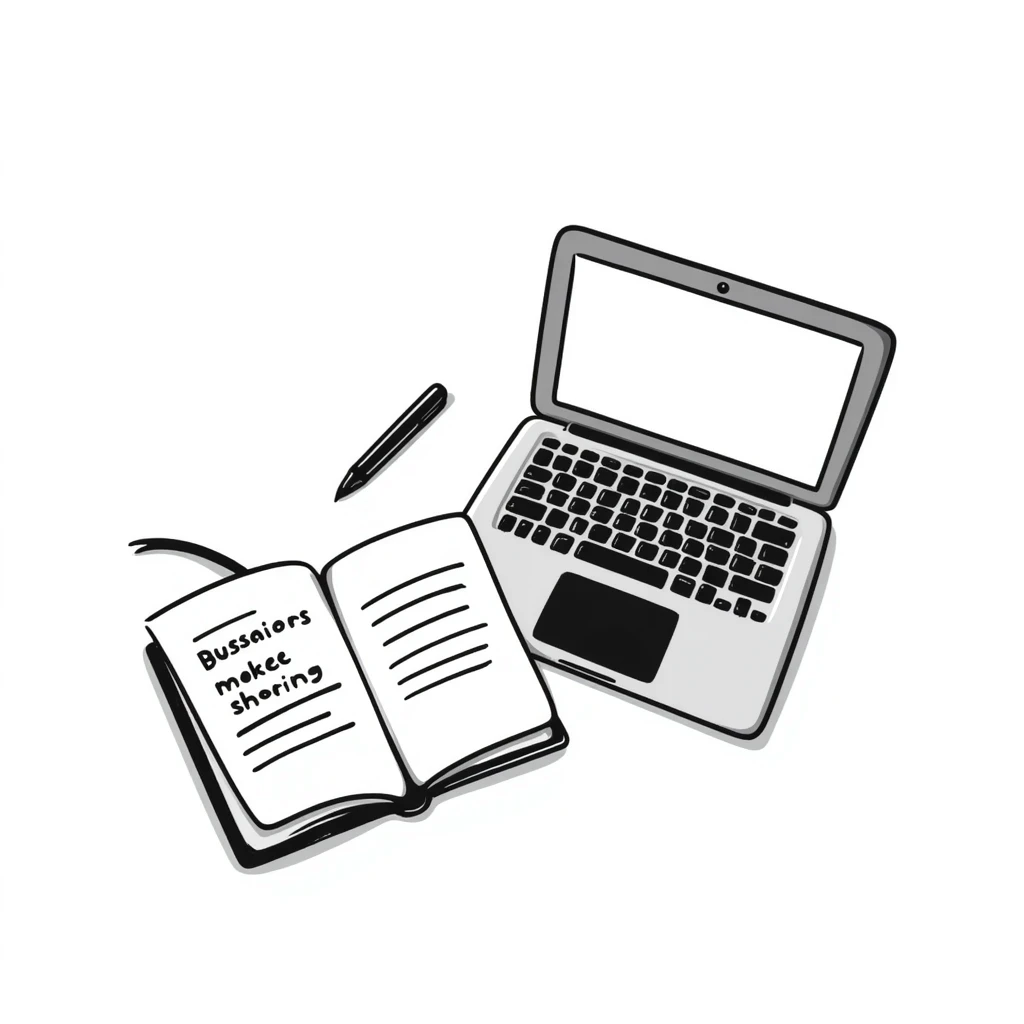 top view of a MacBook and a notebook with a pen nearby, notebook with visible notes emoji