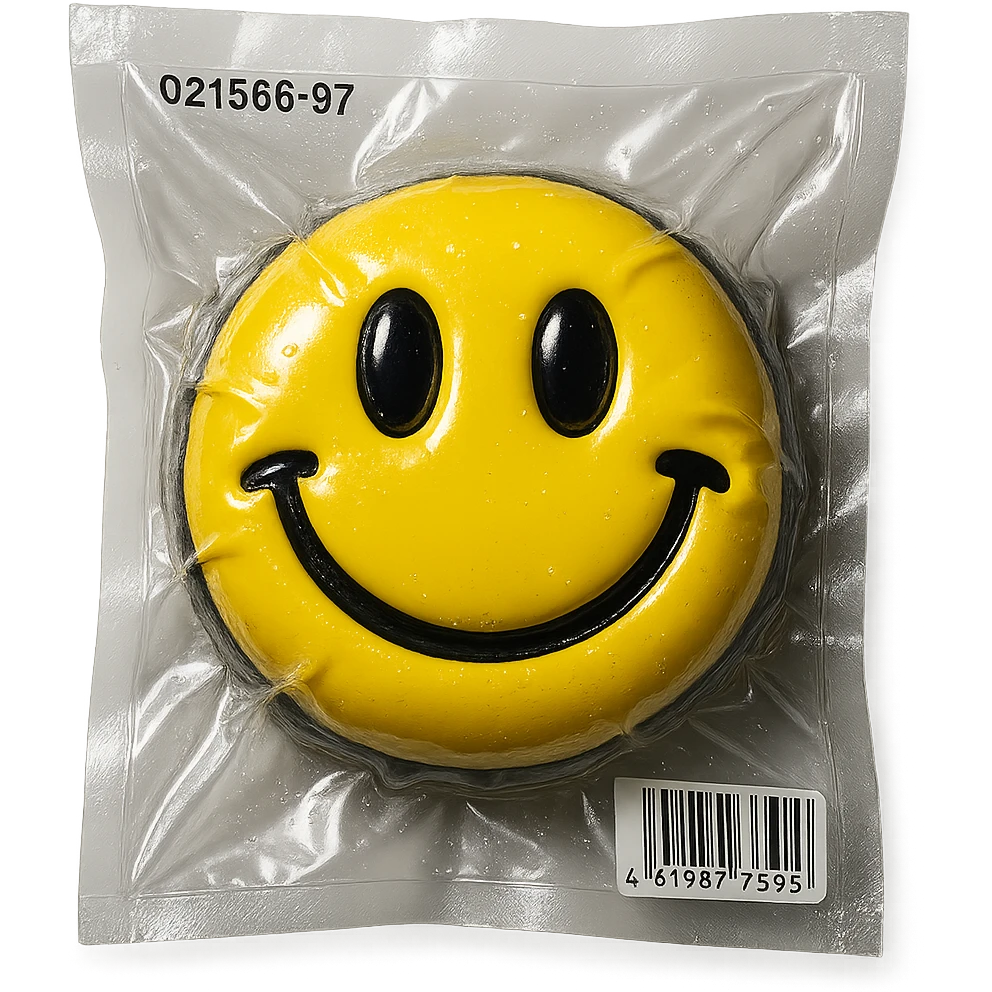 smiley face with shiny and squished look, vacuum-sealed style emoji