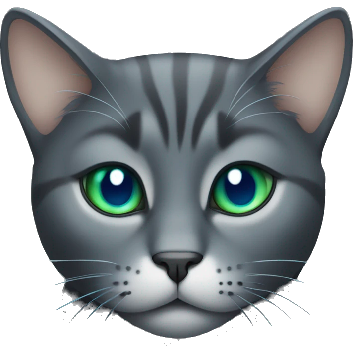 Dark grey cat with blue, green eyes, looking pensive emoji