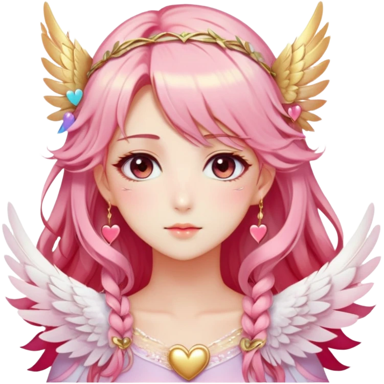 Dreamy pretty pastel anime flowers feathers hearts wings angelic laurel lady with pretty hair and gorgeous eyes, romantic aesthetic, reds, pinks, golds, whites, gradient hues, shiny, sparkly, cute, beautiful, sexy emoji