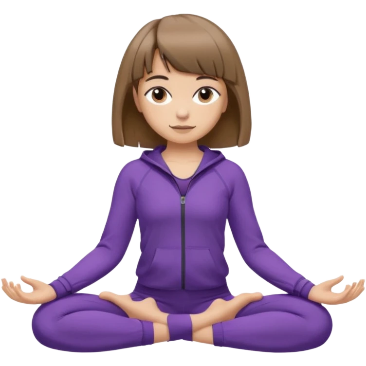 Девушка с короткими волосами до плеч русого цвета, посередине головы есть чёлка, с черными бровями, карие глаза, у неё фиолетовый спортивный костюм, она занимается йогой  emoji