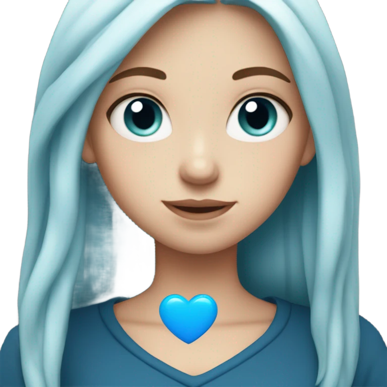 white girl with long blue hair in a black sweatshirt holding a blue heart emoji