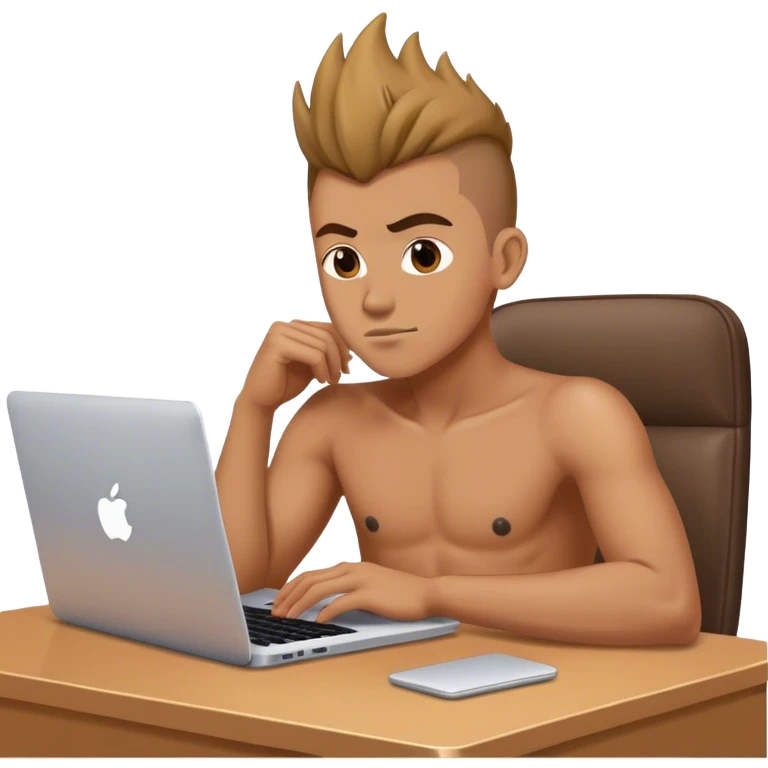 A guy with mohican hair is sitting in front of an Apple laptop emoji