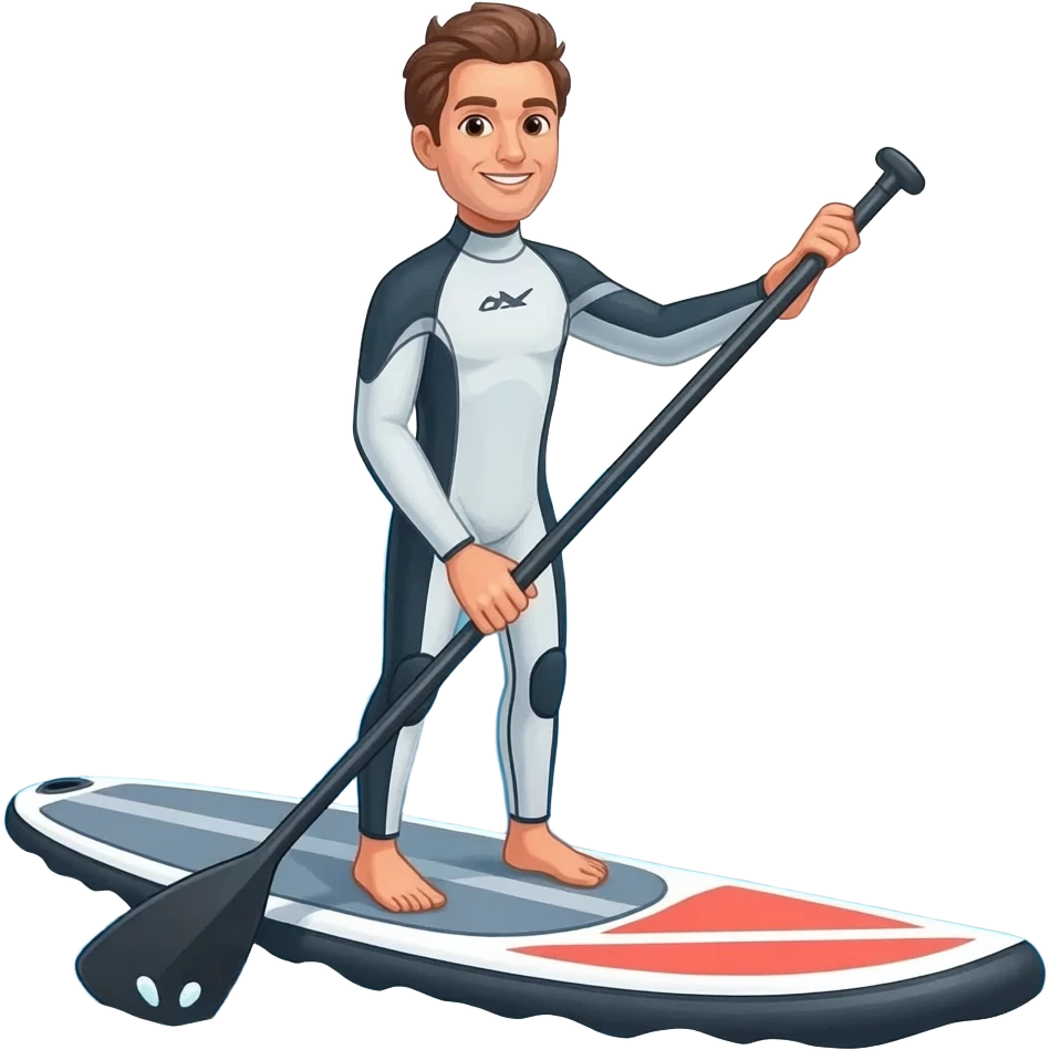 Man in a wetsuit stood on a Stand up paddle board floating on the sea with a paddle in his hands emoji