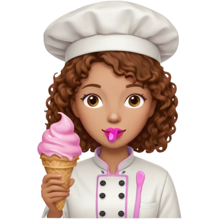woman brown curly hair, chef, eating pink ice cream emoji