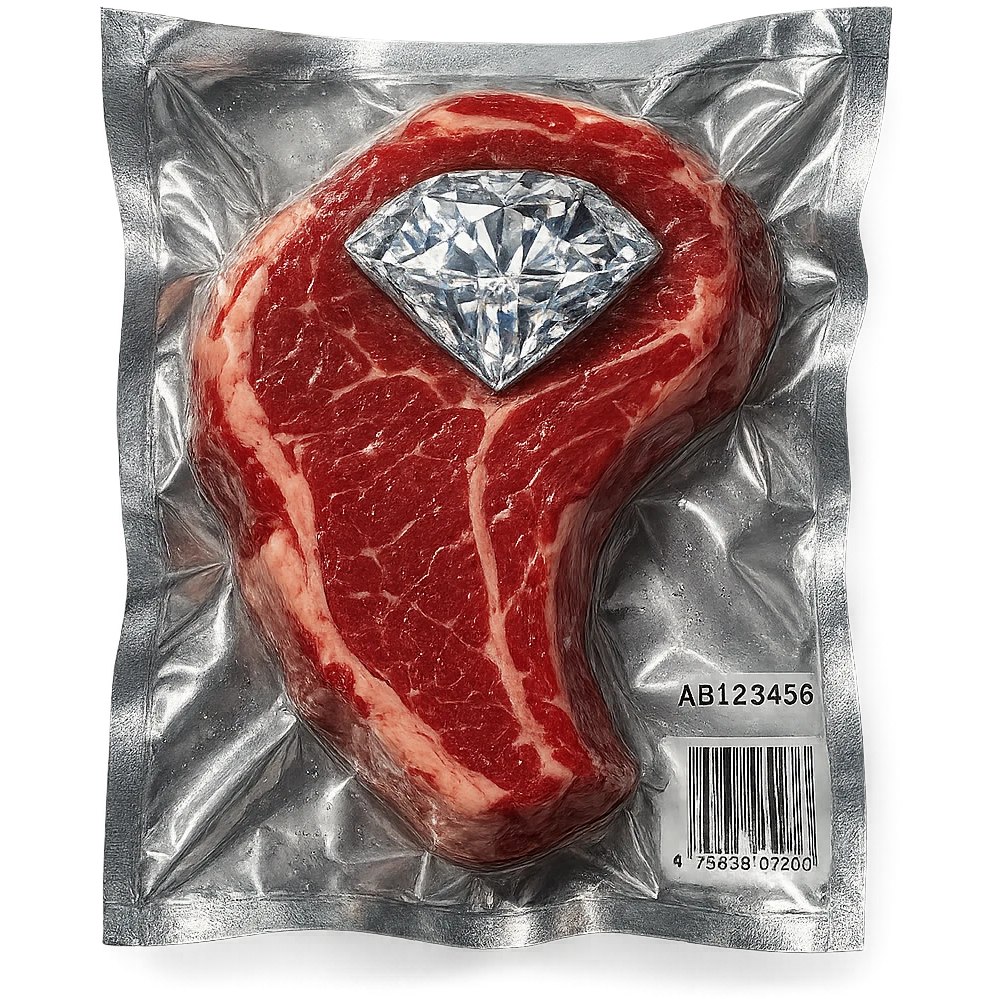 meat steak with sparkling diamond facets, glossy and puffy, no background emoji
