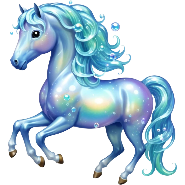 A magical horse made entirely of transparent bubbles and water, with a flowing mane of small bubbles emoji