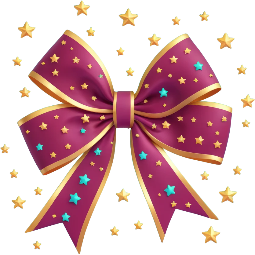 sparkly burgundy bow with gold outline and stars, frosted glass effect emoji