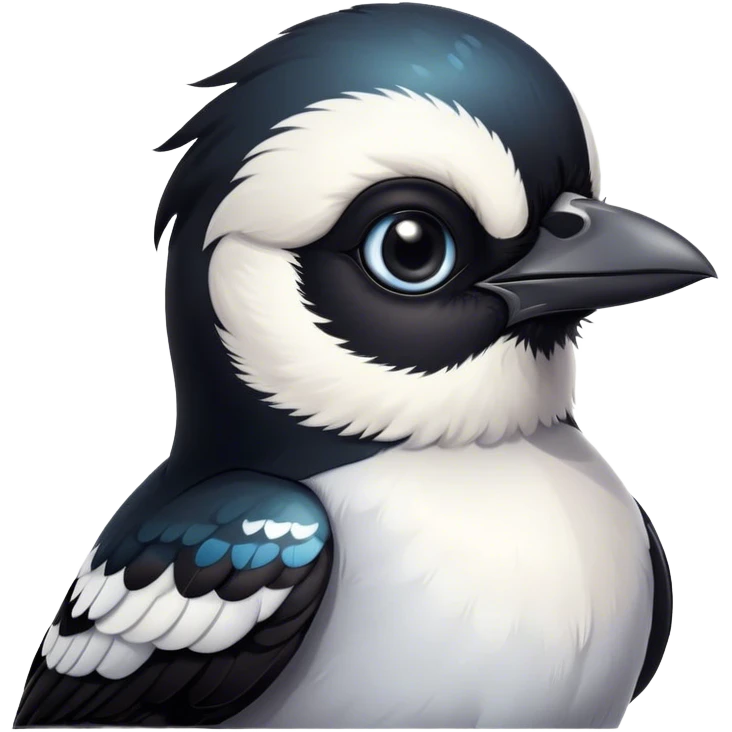 Cinematic Cute Magpie Portrait Emoji, Head tilted playfully and inquisitively, featuring a compact, elegant form with glossy, contrasting black and white feathers and round, sparkling eyes full of playful charm, Simplified yet irresistibly adorable features, highly detailed, glowing with a warm, inviting glow, high shine, affectionate and lively, stylized with a touch of whimsical urban flair, soft glowing outline, capturing the essence of a mischievous yet endearing magpie that seems as if it could flit out of the screen into your arms! emoji