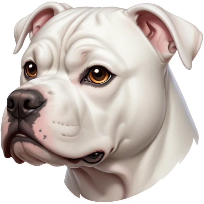 Cinematic Noble White American Bulldog Portrait Emoji, Poised and regal, with a powerful, muscular build and a sleek, well-groomed pure white coat, deep-set soulful brown eyes, Simplified yet sharp and sophisticated features, highly detailed, glowing with a soft, dignified glow, high shine, intelligent and loyal, stylized with an air of strength, focused and attentive, soft glowing outline, capturing the essence of a watchful and confident guardian, so majestic it feels as though it could step out of the screen with effortless authority! emoji