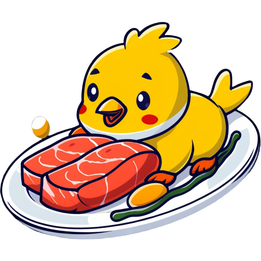Cute sticker of a floating plate with a large chicken breast as the main focus, a red meat steak, smaller salmon fillet, and tiny egg, orbiting a DNA symbol, with energy flowing to a strong muscular cartoon figure emoji
