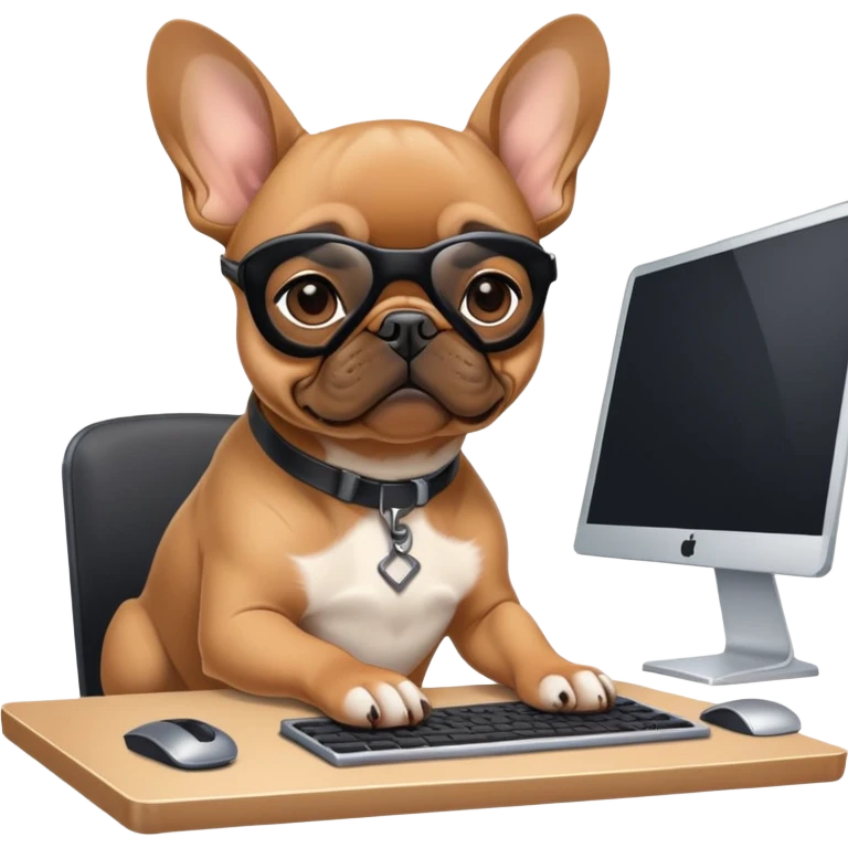 Fawn Frenchie with black muzzle working behind computer emoji