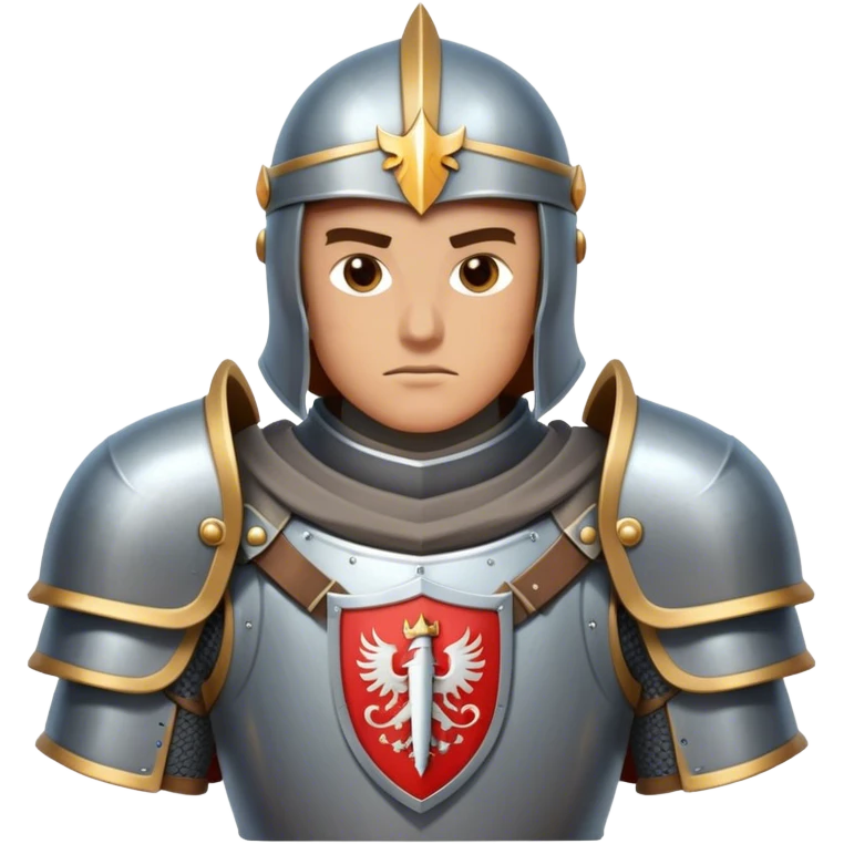 Clash of Clans aesthetic friendly Knight Portrait Emoji, With a noble, armored build featuring a gleaming suit adorned with intricate heraldry and a determined gaze behind a visored helm, his face rendered in a natural skin tone (not yellow), Simplified yet dynamic features, highly detailed, glowing with a cool, steely radiance, high shine, courageous and resolute, stylized with an air of chivalric valor, focused and stalwart, soft glowing outline, capturing the essence of a valiant knight ready to charge into epic quests with honor! emoji