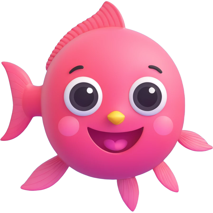 cute pink fish emoji, swimming, big smiling face, huge shiny eyes, rosy cheeks, tiny fins, soft pastel colors, underwater background with bubbles and coral, 3D glossy style, chibi emoji look, super kawaii emoji