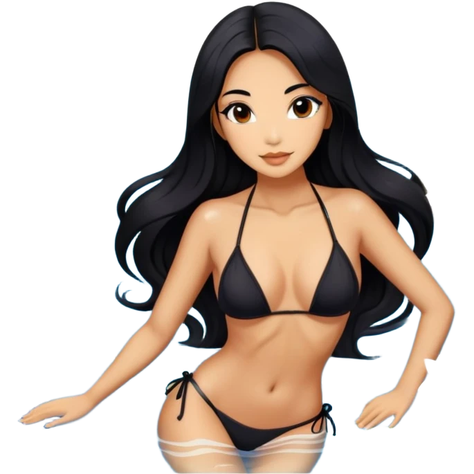 long black hair tanned woman, black bikini, in koi fish pond, orchids  emoji