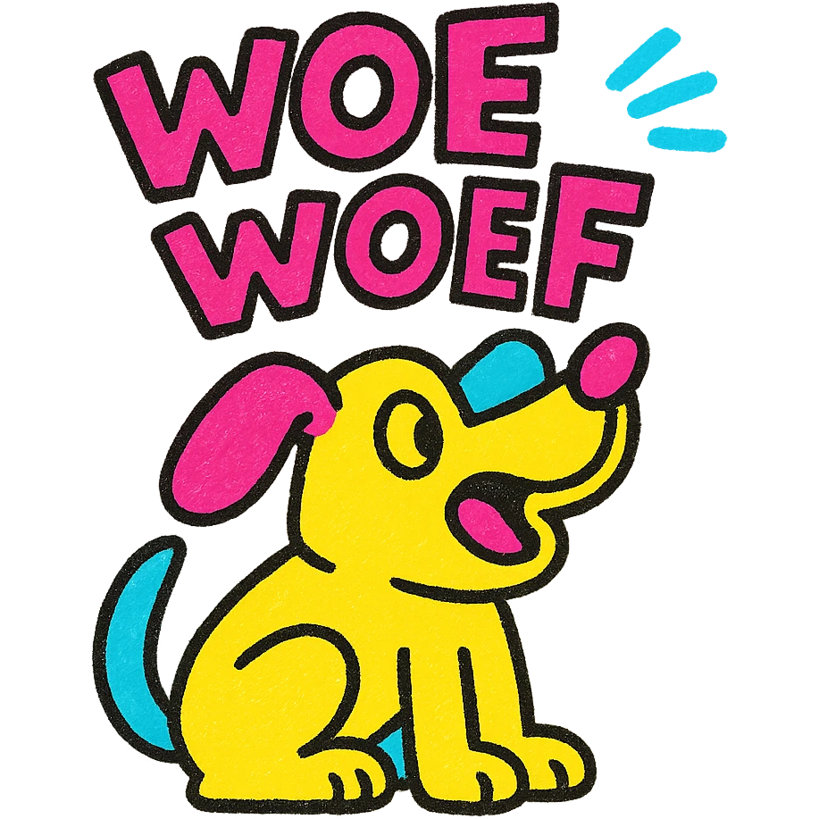 cartoon dog with head tilted, barking 'Woef Woef', bright and bold pop colors style emoji