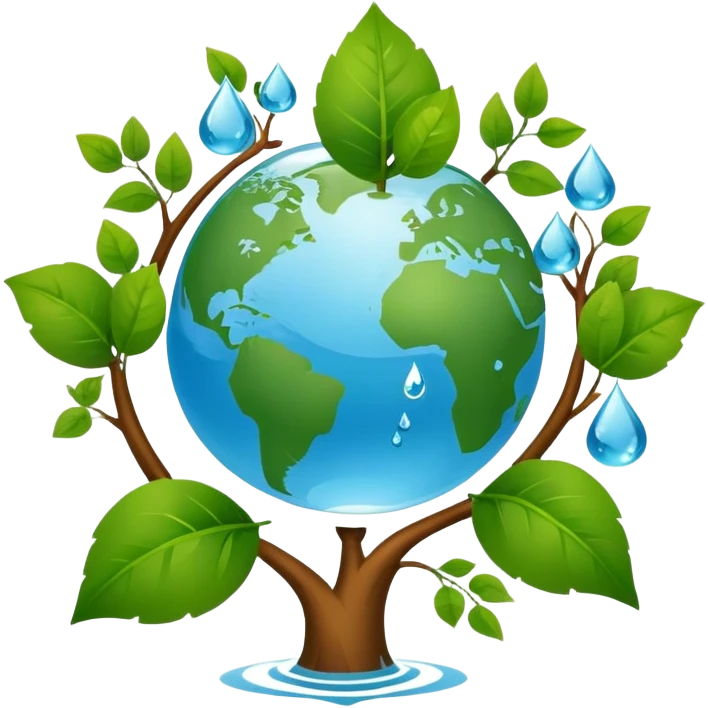 An icon featuring a globe with green leaves, a recycling symbol, and a water droplet, symbolizing ecology. The design includes trees, animals, and renewable energy icons, representing the study of ecosystems, environmental protection, and sustainability. Transparent background emoji