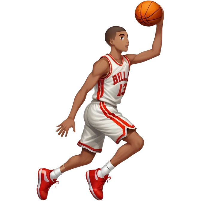 An icon showing a close-up of a basketball player in mid-air, performing an impressive dunk, inspired by NBA 2K25. The player is focused, with the ball in hand and the court in the background. Bright lights emphasize the action and excitement. Transparent background. emoji