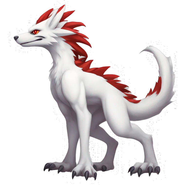 White edgy cute epic anthro albino sergal-vernid-Fakémon with red mane and red eyes, full body emoji