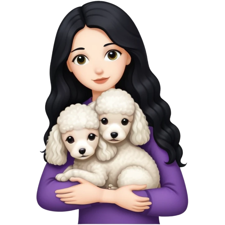 A white girl with long black  hair tightly hugged a Mini poodle emoji