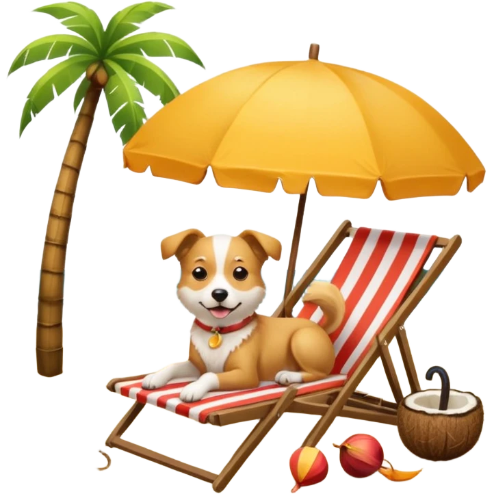 a dog laied on a beach chair, a sunny beach, a sun umbrella, and beach coconut trees. the icon should capture the essence of a relaxing beach vacation with a carefree atmosphere emoji