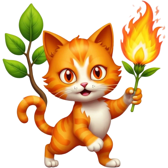 A crazy cat with eyes on fire holding a sprout from a tree and running towards us emoji