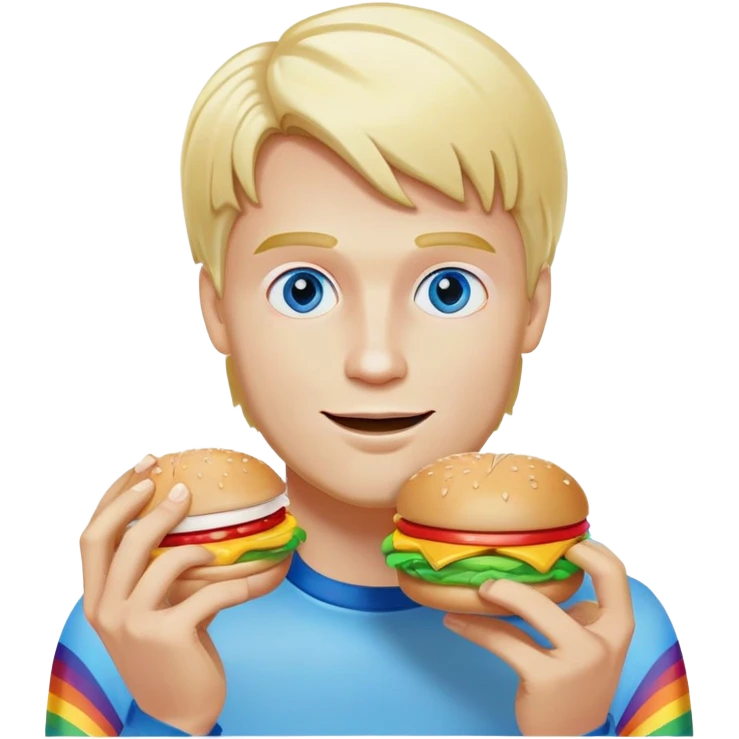 Blonde man with white skin and blue eyes eating a McDonald's hamburger, rainbow LGBT colors emoji