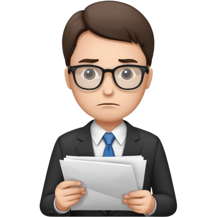 Frowns with Glasses, Office Boss: Business outfit, holding papers, frowning behind glasses, serious look
 emoji
