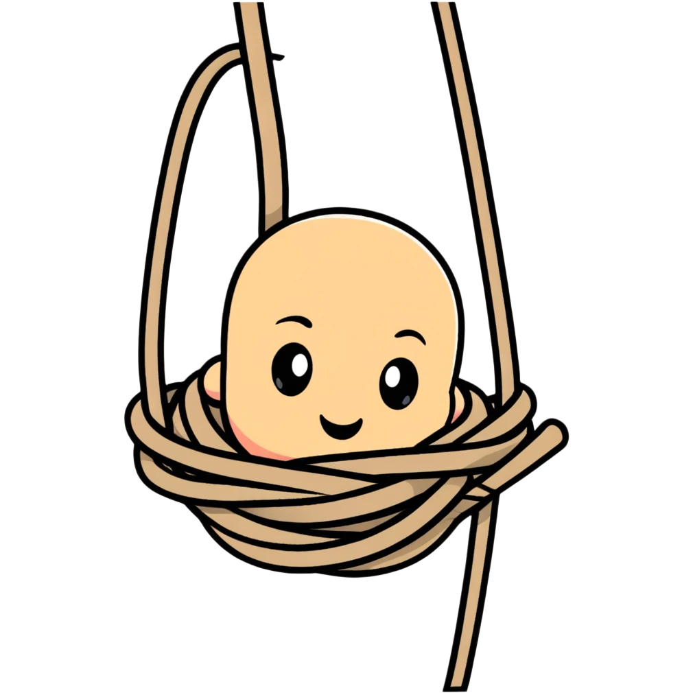 A funny cartoon character completely entangled in rope with just their face peeking out, looking silly emoji