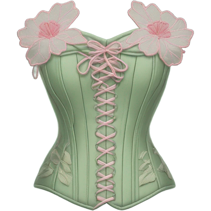 Sage green corset with pink flower embroidery, isolated emoji