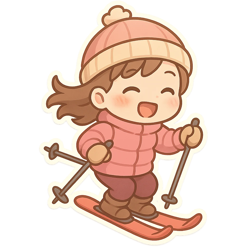 一个正在滑雪的小女孩，穿着粉色的羽绒服，戴着一顶可爱的小帽子，开心的滑雪 emoji