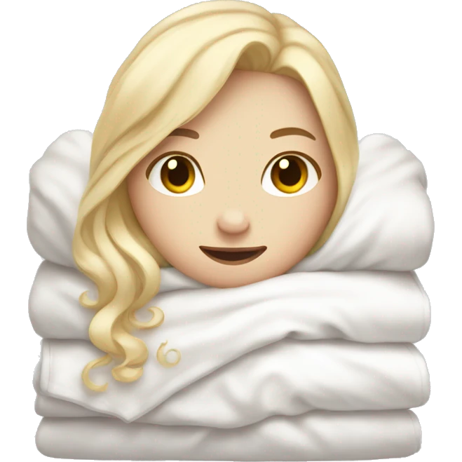 Pale Girl with blonde hair  laying down cozy in a white blanket emoji
