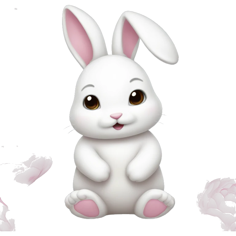 cute white bunny holding light pink peonies emoji