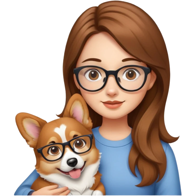 A girl with long brown hair and glasses is holding a corgi emoji