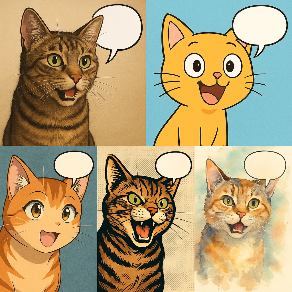 a cat speaking, various styles emoji
