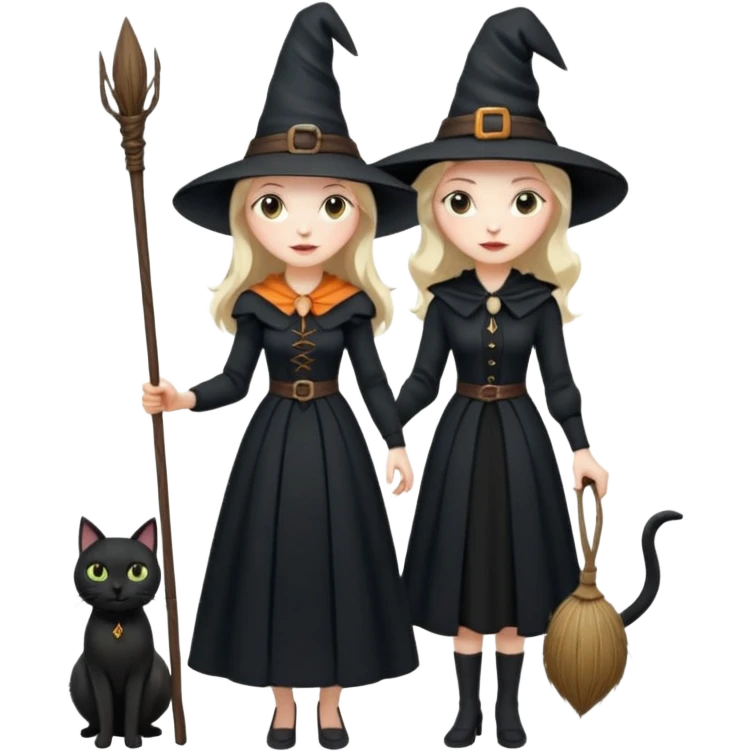 a witch with a hat and a broomstick and a black cat emoji