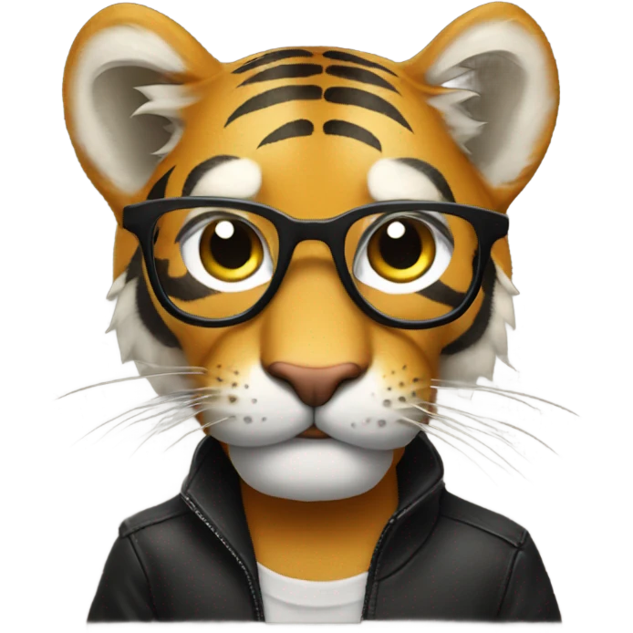 Make me a tiger wearing black horn-rimmed glasses and holding a microphone emoji