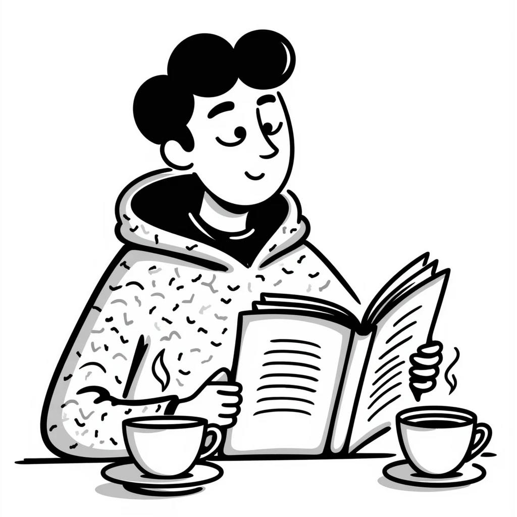 Chaucer reading and drinking tea, playful and sketchy, hand-drawn doodle style emoji