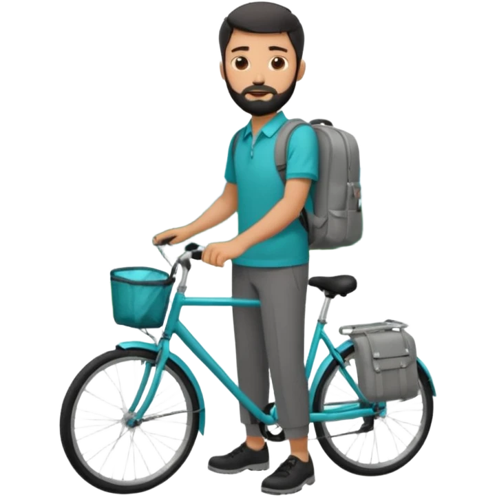 a man with a grey backpack and a torquoise byciycl and he has black shot=rt man hair and a beard with a polo grey shirt and dress pants emoji
