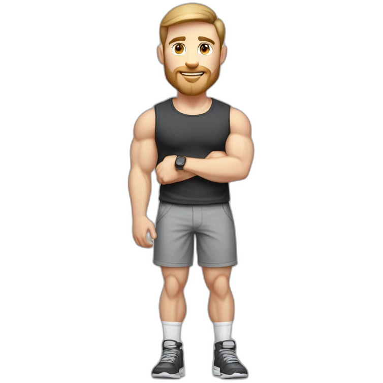 Full height Pale skinned fit man With biceps, Realistic eyes and mouth, light brown hair and stubble In dark gray sleeveless mike, black oversize sports shorts, watch and white sneakers. emoji