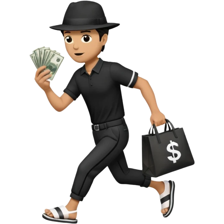 Make a man wear a black pant and he shirt is balck line and white line and wear a black hat and he holding a money bag and he running he wear a black eye thing no money in the Left hand and he yellow and the money bag in the right he wear a flip flop like this is Money bag 💰 NO MONEY emoji