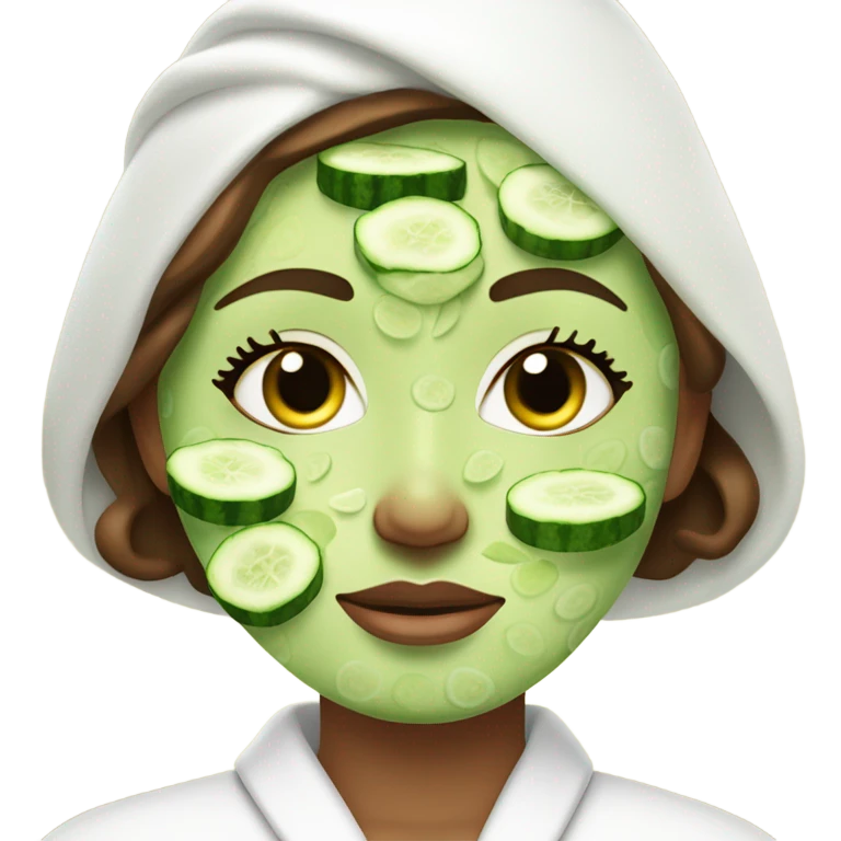Girl with freackles Brown hair white skin and blue eyes wears Green colored texture skin care mask all over her face while She relaxes and puts two round piece of cucumber on her closed eyes In a white Robe emoji