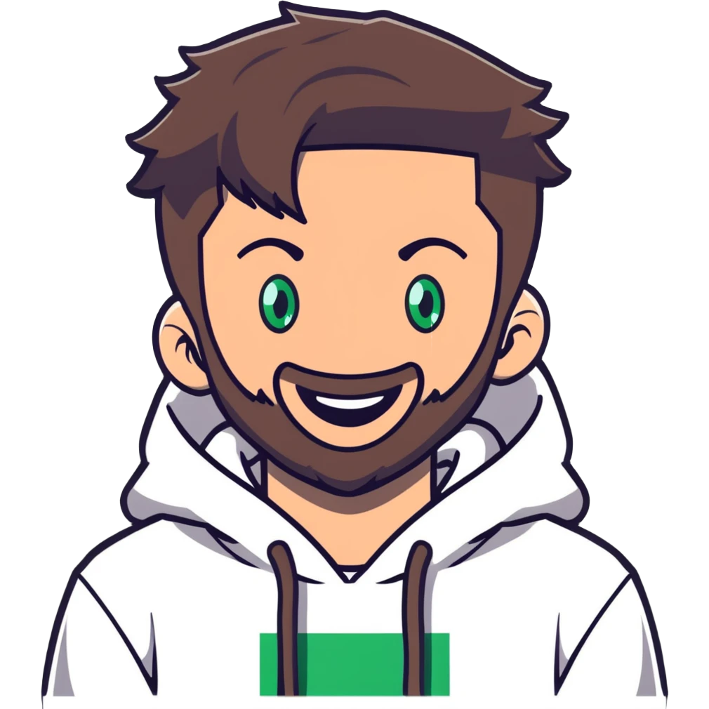 laughing guy with white hoodie, white t-shirt underneath, green eyes, dark brown undercut hairstyle and a short full beard emoji