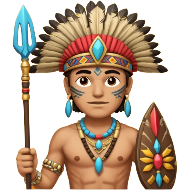 Hombre con un cuerpo de azteca con gorro azteca y lanza y collares  emoji