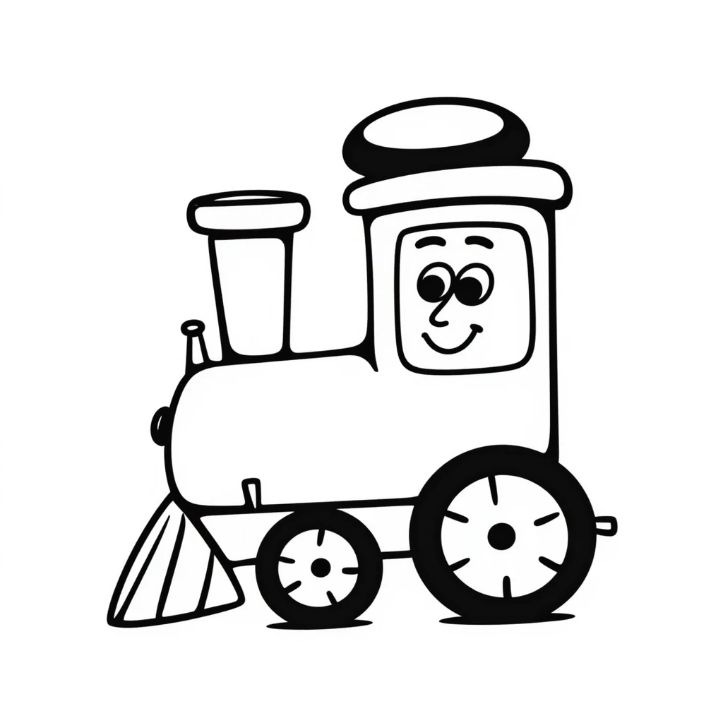 A hand-drawn toy train with a goofy happy expression and a conductor's hat emoji