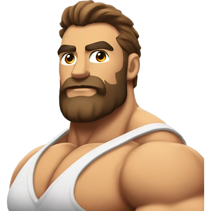 muscled hairy bodybuilder brown hair beard,enormous pecs and enormous biceps emoji