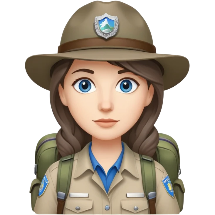 white woman park ranger with gray and brown hair, blue eyes, wearing a backpack emoji