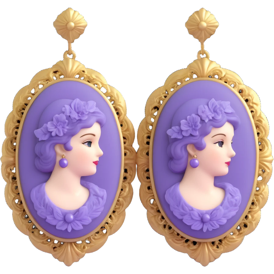 3D emoji-style vintage purple cameo earrings, ornate and elegant emoji