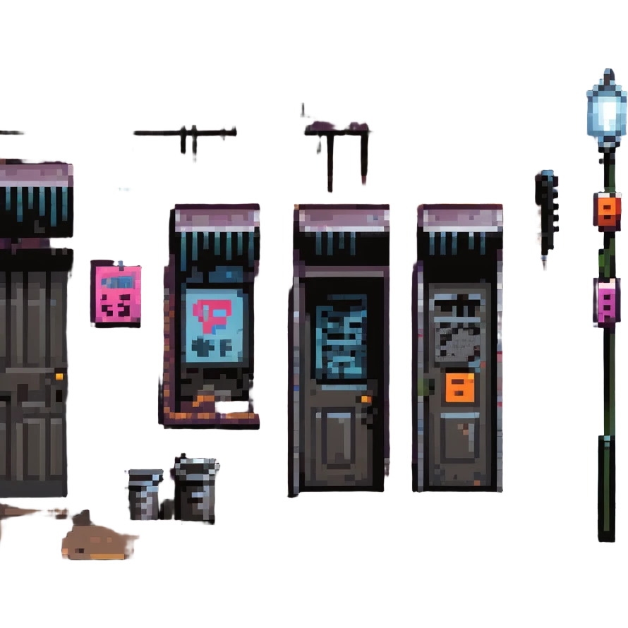 Pixel art background in side-scrolling view, inspired by classic Sega fighting games. Dark urban street in front of an old brick building, with graffiti, broken windows, metal door, trash cans, flickering neon sign, and a streetlamp. Gritty atmosphere, nighttime, subtle rain puddles on the ground. emoji