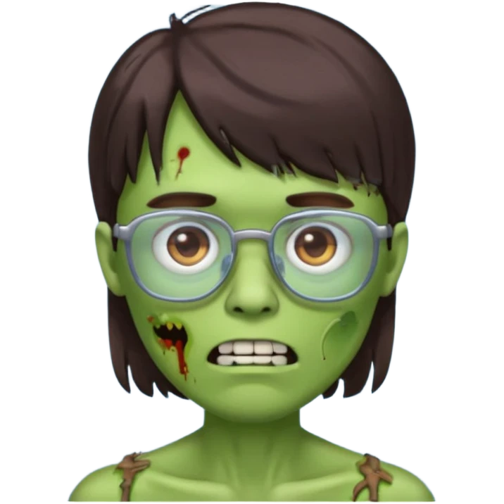 an emoji of a male green zombie with dark brown hair and female bangs that cover your entire forehead and extend to your eyebrows, wearing square, bluish glasses. emoji